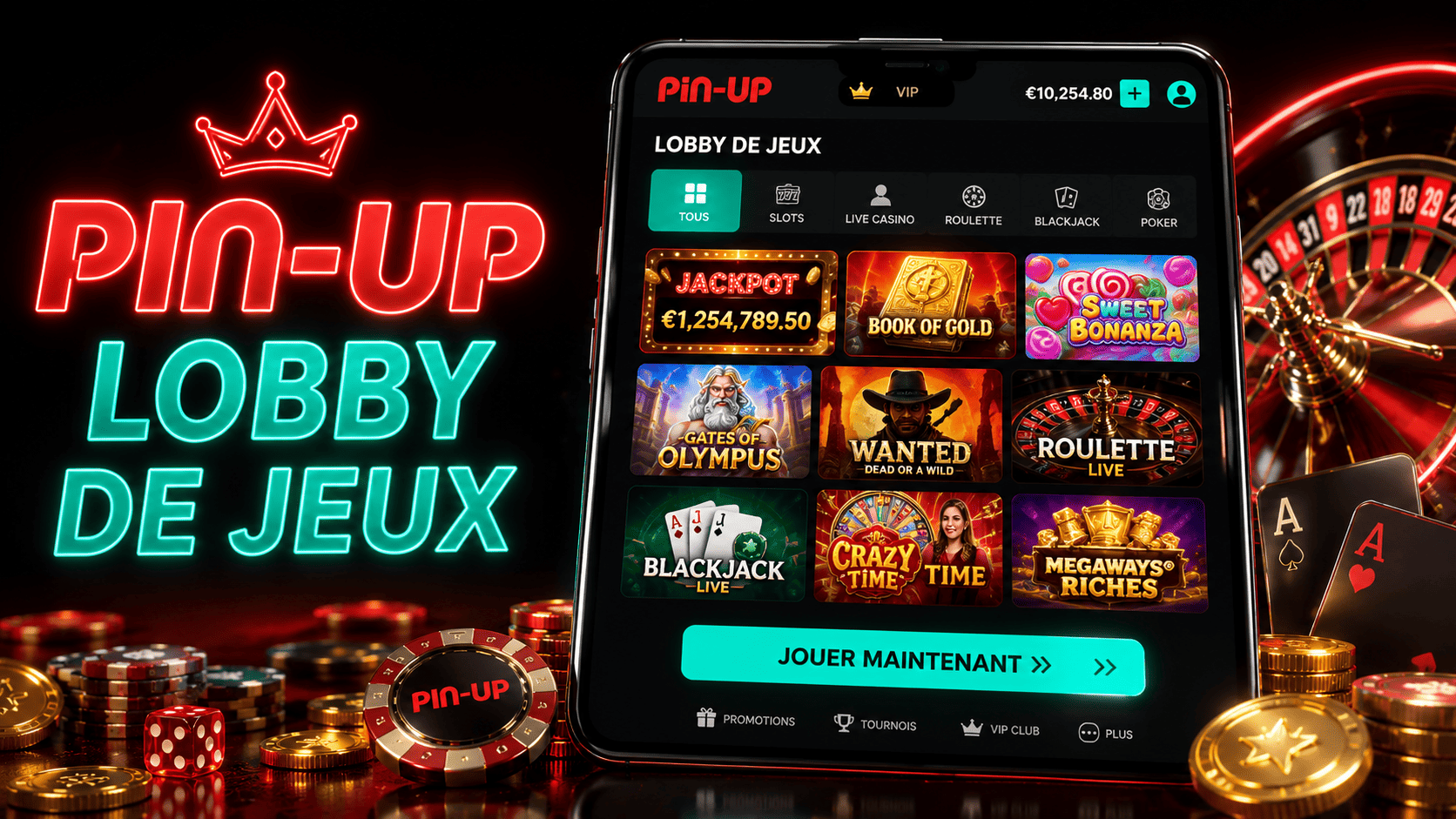 Lobby de jeux Pin-Up avec slots, jeux de table et live casino